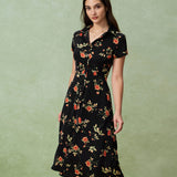 Glória - Vestido Midi Floral en Negro