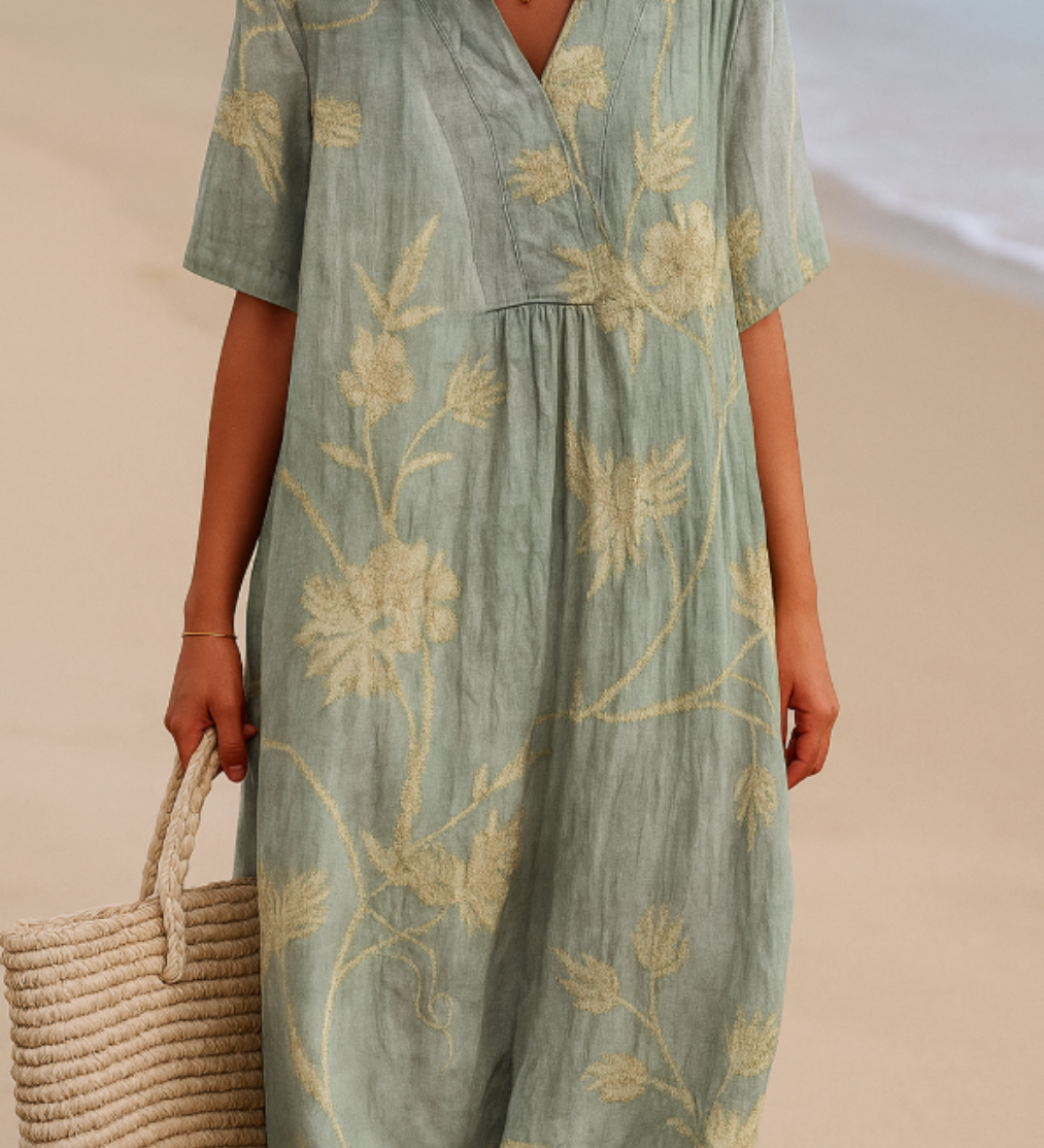 Clementina - Vestido Azul y Gris con Bordado Floral