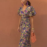 Carla | Vestido Midi con Estampado y Mangas Abullonadas