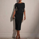 La Scintilla | VESTIDO ELEGANTE CON MANGAS ABERTAS EMBELLECIDAS CON PERLAS