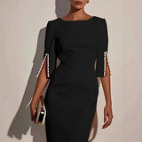 La Scintilla | VESTIDO ELEGANTE CON MANGAS ABERTAS EMBELLECIDAS CON PERLAS