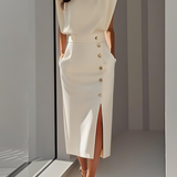 La Scintilla | Vestido Midi Ajustado con Detalles de Botones Dorados