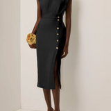La Scintilla | Vestido Midi Ajustado con Detalles de Botones Dorados