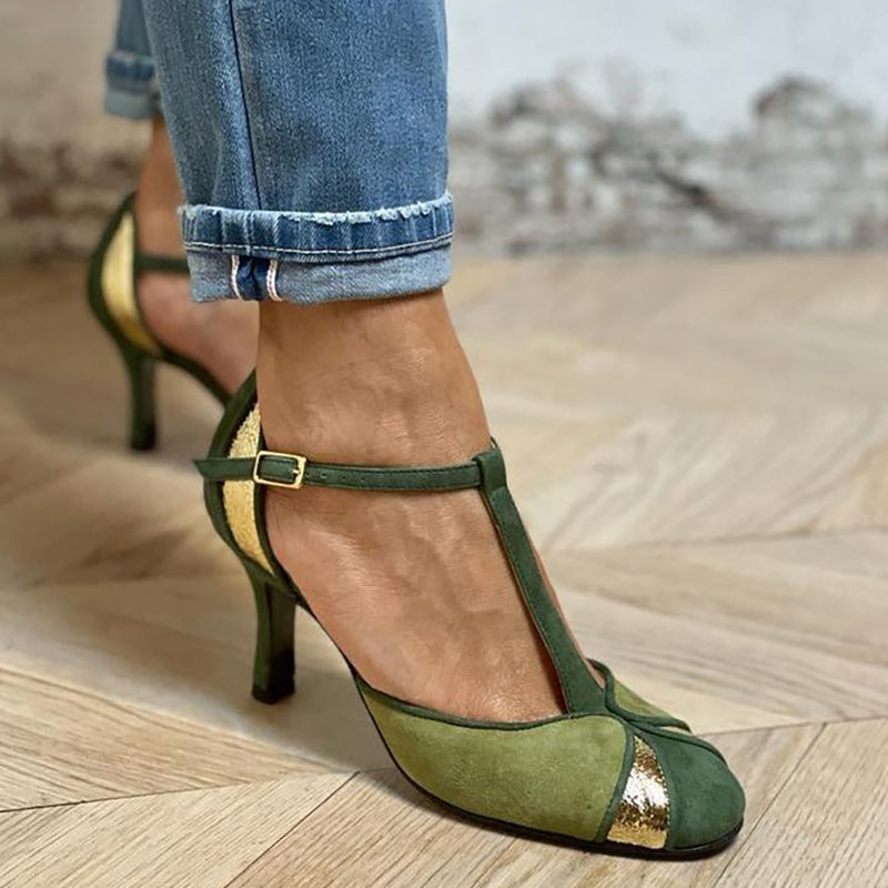 Taviana - Zapatos de tacón patchwork con tira en T y puntera cerrada