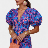 Carla | Vestido Midi con Estampado y Mangas Abullonadas