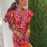 Carla | Vestido Midi con Estampado y Mangas Abullonadas