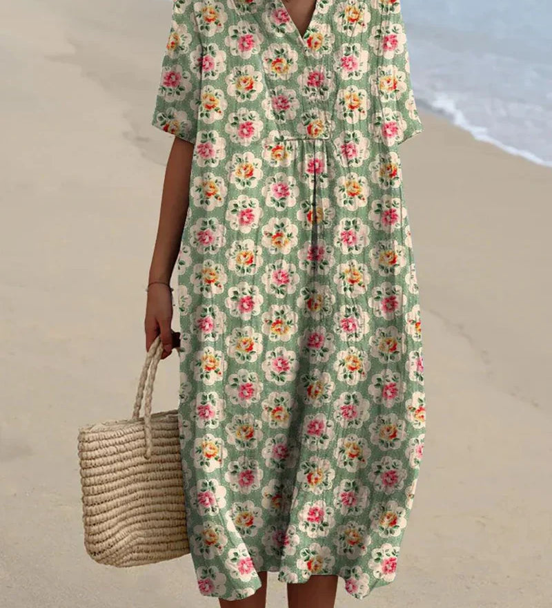 Eulállia - Vestido Retro Floral en Verde Agua